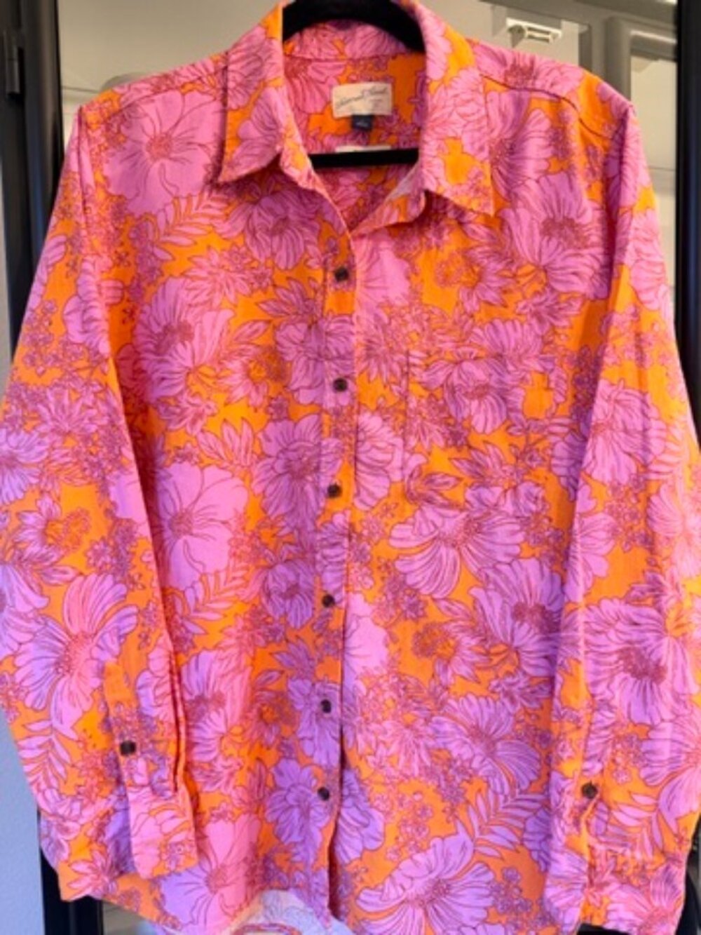 Universal Thread Floral Linen Rayon Button Down Shirt Orange Pink Large